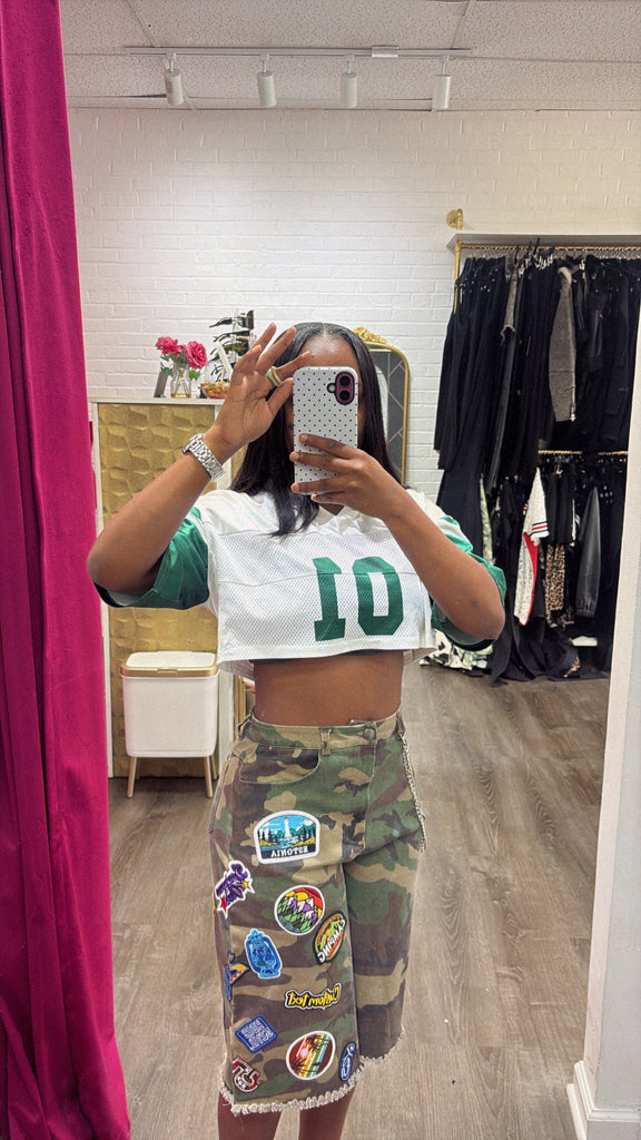 LAVISH ARMY PATCH JORTS WITH CHAIN