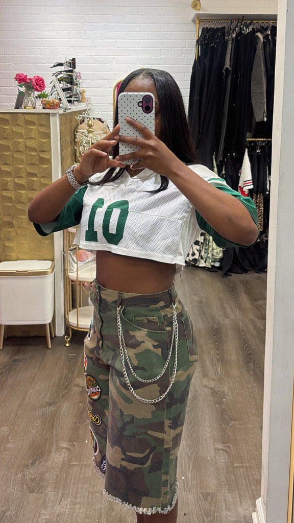 LAVISH ARMY PATCH JORTS WITH CHAIN